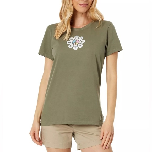 Life is Good Moss Green Peace Flower Long Women T Shirts Women’s Size Medium - Picture 1 of 7